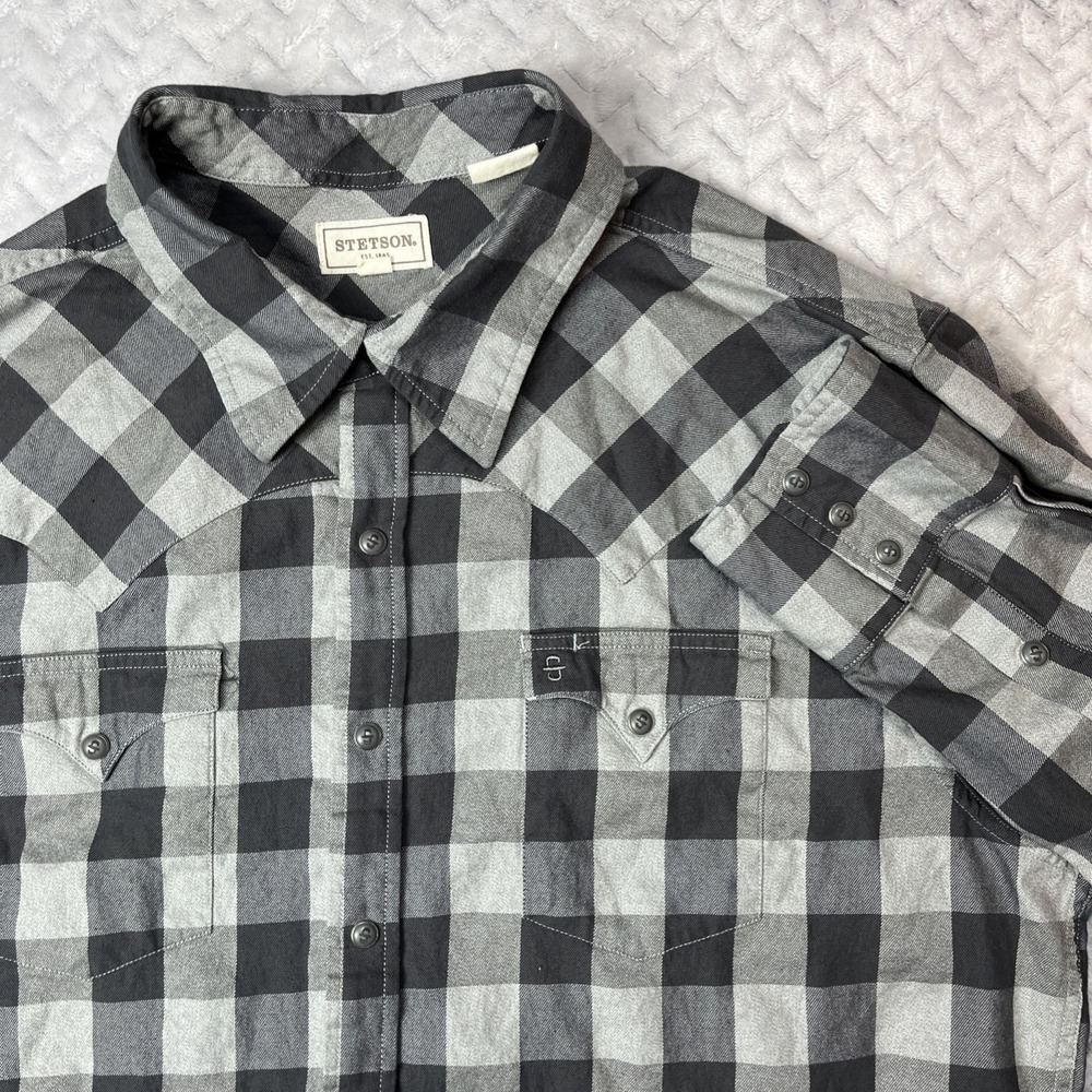Stetson Shirt Pearl Snap Mens 2XL Gray Buffalo Plaid Flannel Western Lumberjack